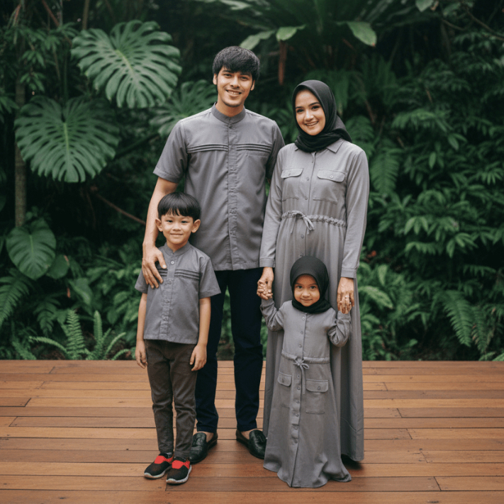 Atheera - Sarimbit Keluarga Warna Polos | Gamis Busui Eshal Series (Abu-abu) + Koko Toyobo Pendek