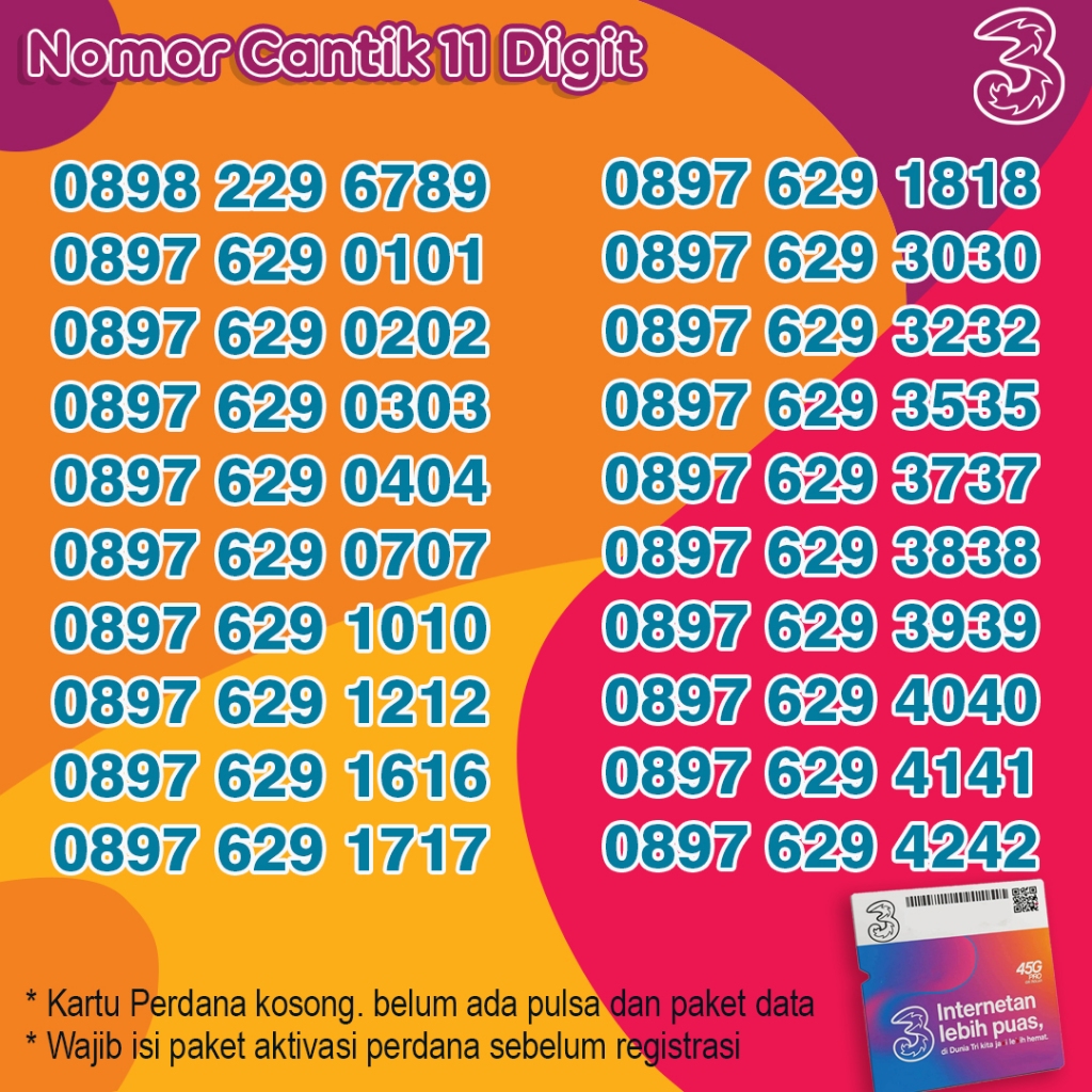 Nomor Cantik Tri Prabayar 11 Digit Triple ABAB AABB