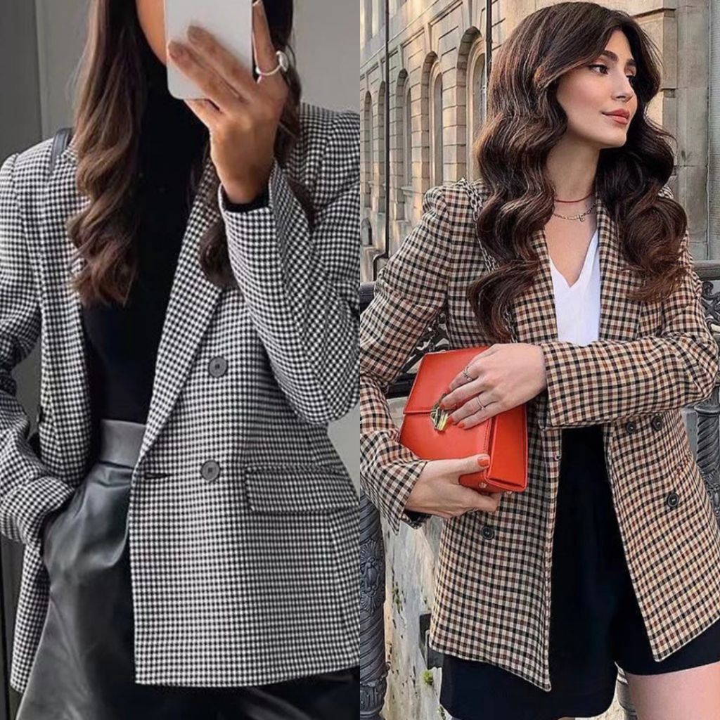 Bhusana Castle 79110 houndstooth double breasted blazer / blazer wanita
