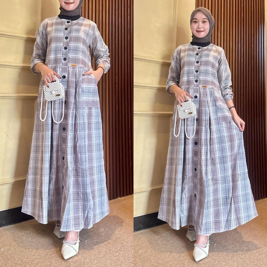 GAMIS CASUAL MOTIF KOTAK FULL KANCING