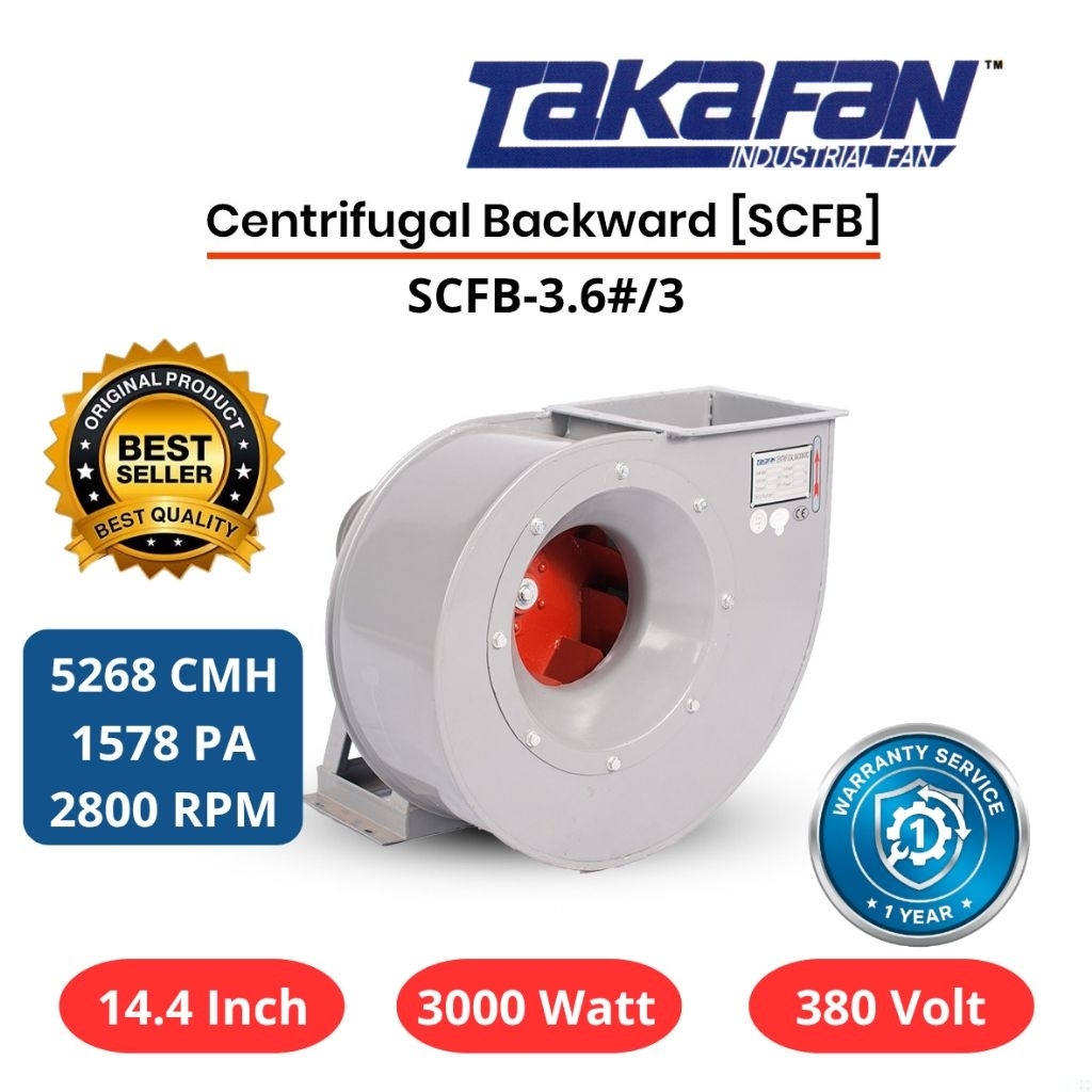 TAKAFAN SCFB-3.6#/3 – Industrial Centrifugal Backward Fan 3000W | 5268 CMH | 1578 PA | 2800 RPM | 14