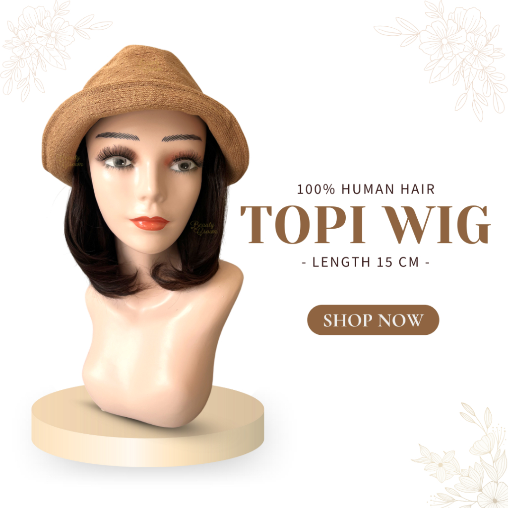 Human Hair 100% Rambut Asli Tanpa Campuran Topi Wig - Beauty Crown