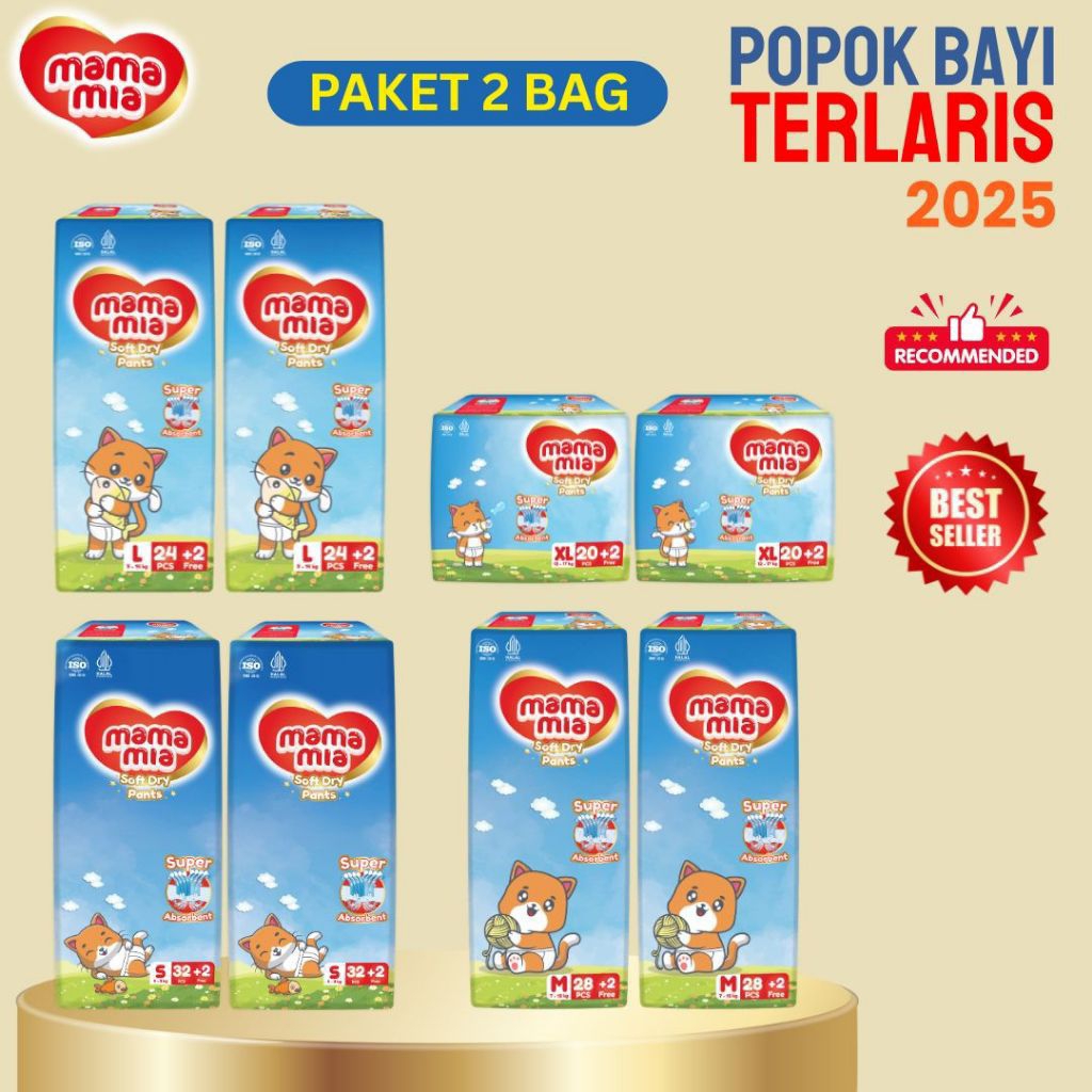 [[2 BAG]] MAMAMIA popok bayi premium S34 M30 L26 XL22 super lembut xtra kering
