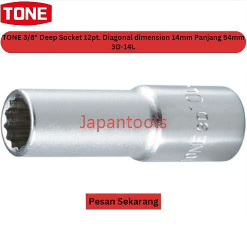 2PCS TONE 3/8" Deep Socket 12pt. Diagonal dimension 14mm Panjang 54mm #3D-14L