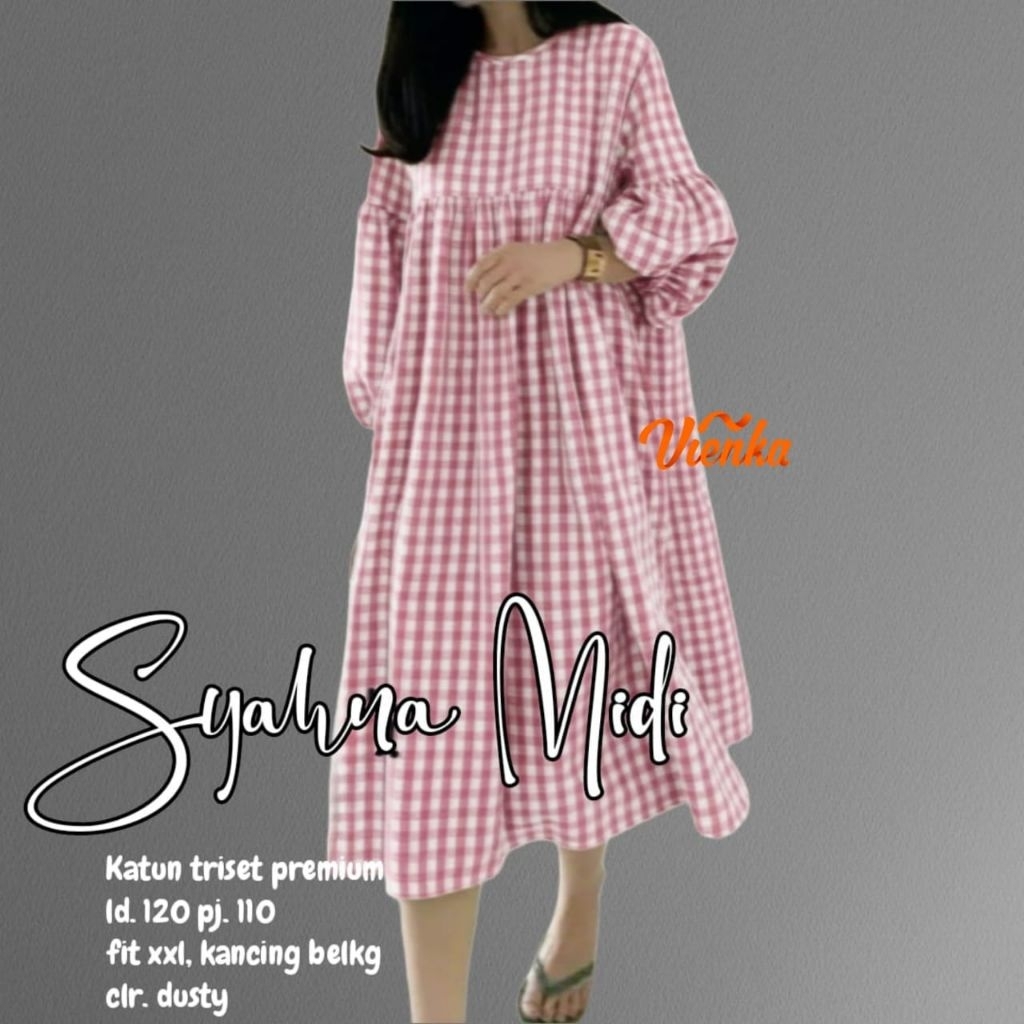 BAJU WANITA SYAHNA MIDI DRESS JUMBO KATUN KOTAK-KOTAK BY VIENKA
