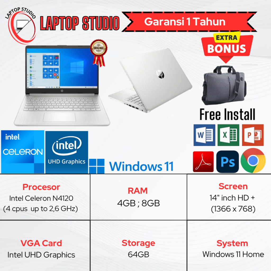 Laptop Baru HP 14 Intel N4120 (4 Cpus, 2,6Ghz ) SSD Silver