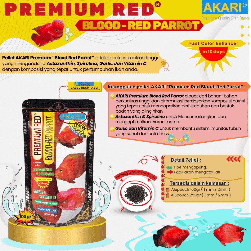 AKARI PREMIUM RED BLOOD RED PARROT pelet pakan ikan parrot oscar cichlid 2mm 100gr Aquamarine Fish
