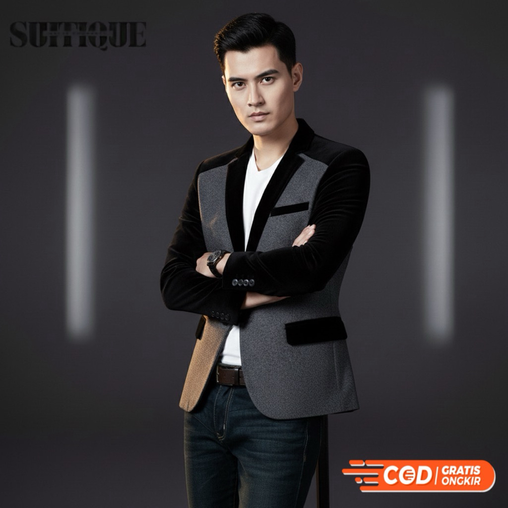 Suitique Store – Jas Pria Korea Style Premium Velvet Kombinasi Elegan Blazer Fashion Modern Slimfit