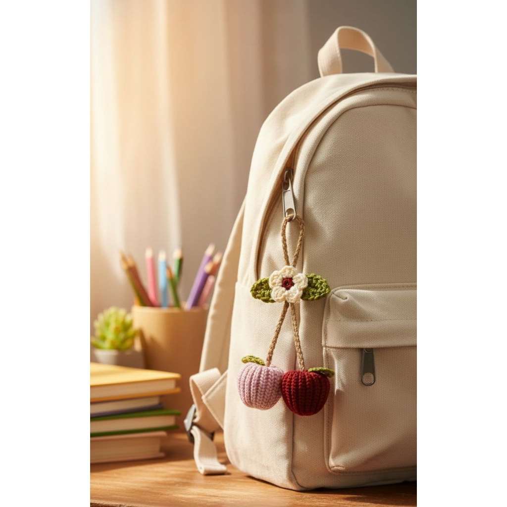 Bag Charm wanita lucu | Gantungan tas rajut buah cherry, lemon, manggis, peach| keychain crochet ast