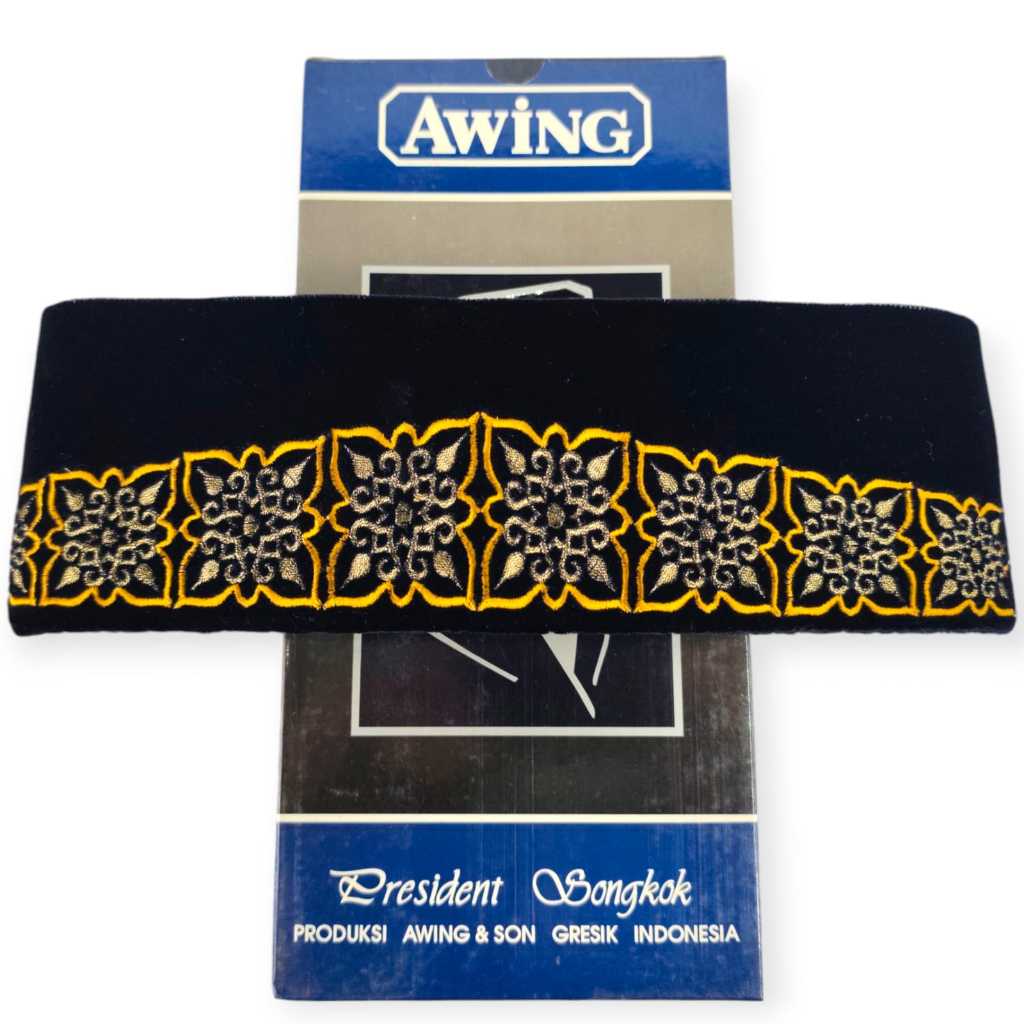 AWING Songkok Hitam Motif Bordir Oman Emas Awing Original