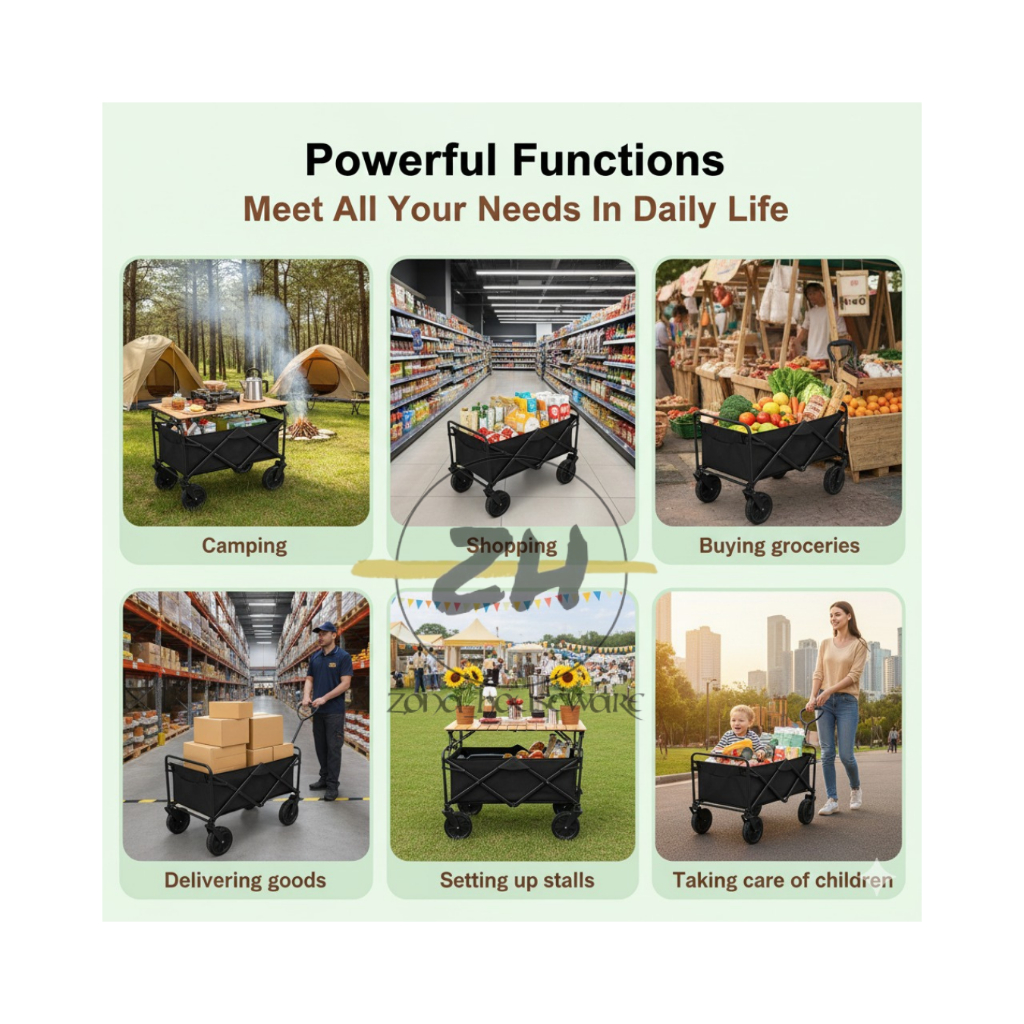 Troli Barang Outdoor Trolley Camp Wagon Keranjang Belanja Brake Troli Piknik Besar Roda Besar