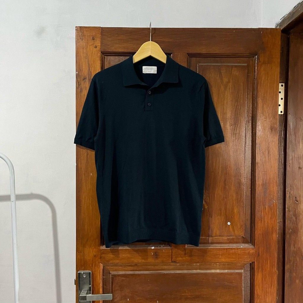 [M-L] POLHAM Knitted Fit Body Polo Shirt - Blue Navy Vintage Vtg Retro Kemeja Garis-garis Salur Oute