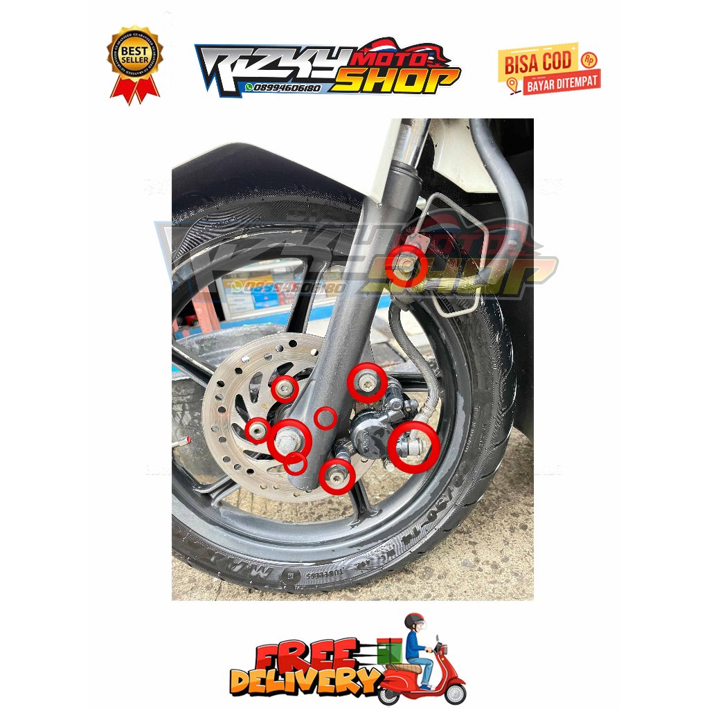 BAUT BREKET + REM + BANJO + AS + DISK KALIPER DEPAN ( 9 BAUT ) BEAT SCOOPY KARBU FI ESP SPACY VARIO 