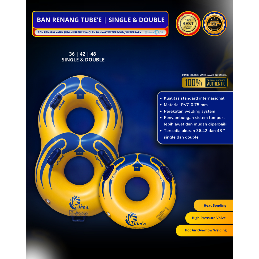 Ban Renang Tube'e | Dewasa Anak Watertube Waterpark Waterboom Ukuran 36 | 42 | 48 | Single Double