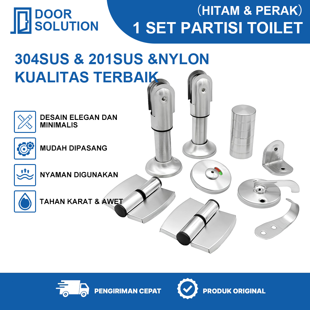 1 Set Partisi Toilet Stainless Steel 201 304 Nilon Lengkap 1 Set Aksesori Kaki Penyangga Engsel Pint