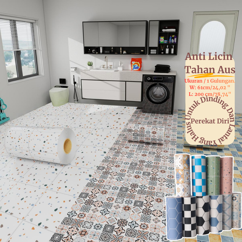 Wallpaper Lantai Tempel Tahan Air 61x200cm Perekat Diri PVC Non-Slip Stiker Toilet Dapur Balkon Reno