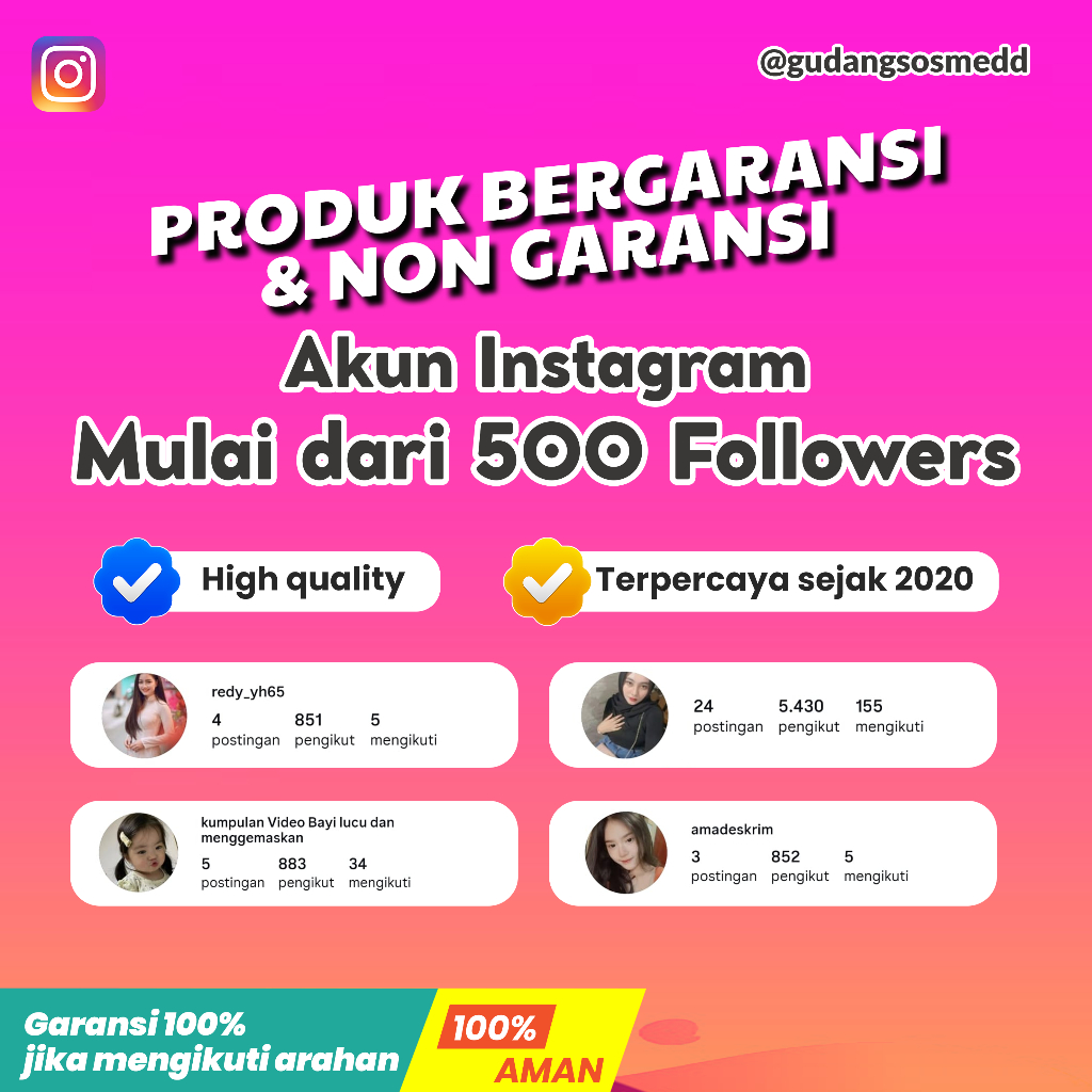 Ready akun instagram indonesia 500 - 10rb followers, bergaransi dan aman untuk brading atau pribadi