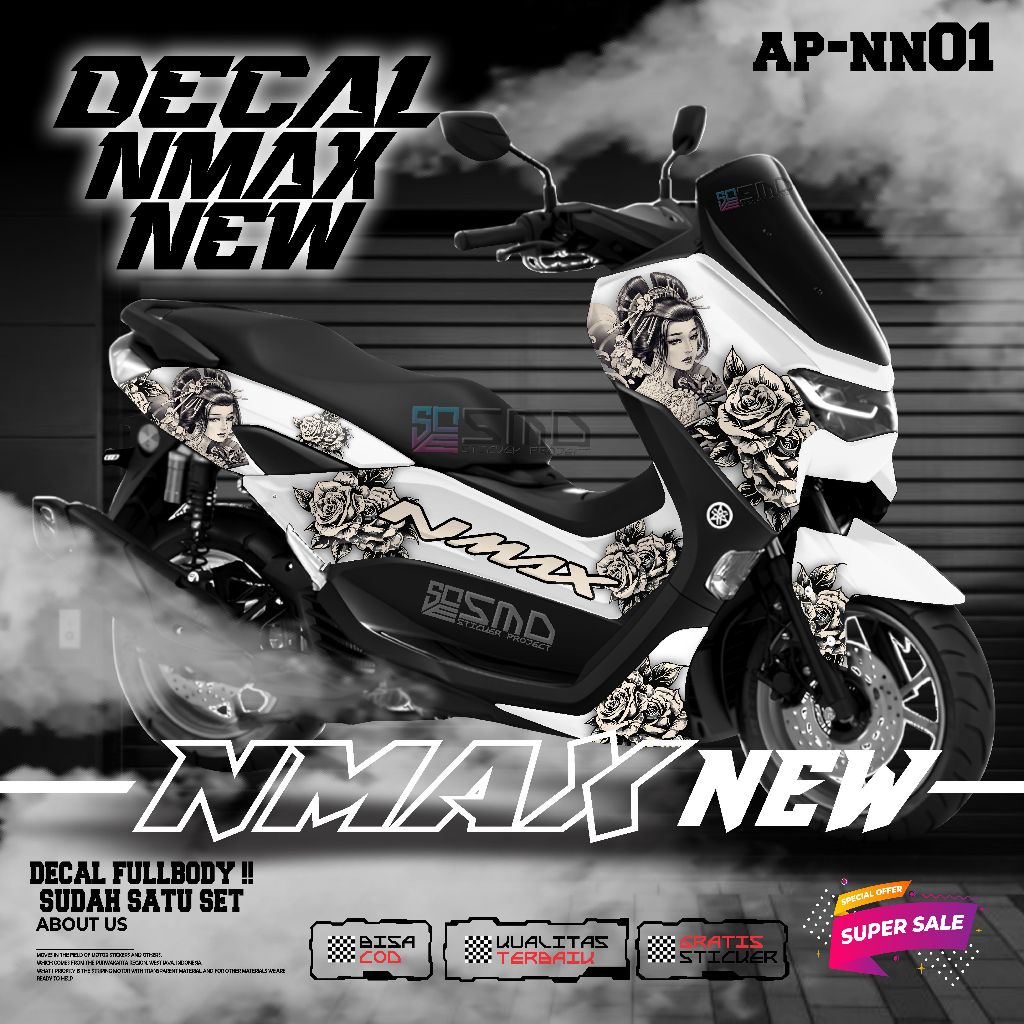 DECAL STICKER VARIASI YAMAHA NMAX NEW FULLBODY MOTIF GEISHA JEPANG BUNGA KEREN TERBARU