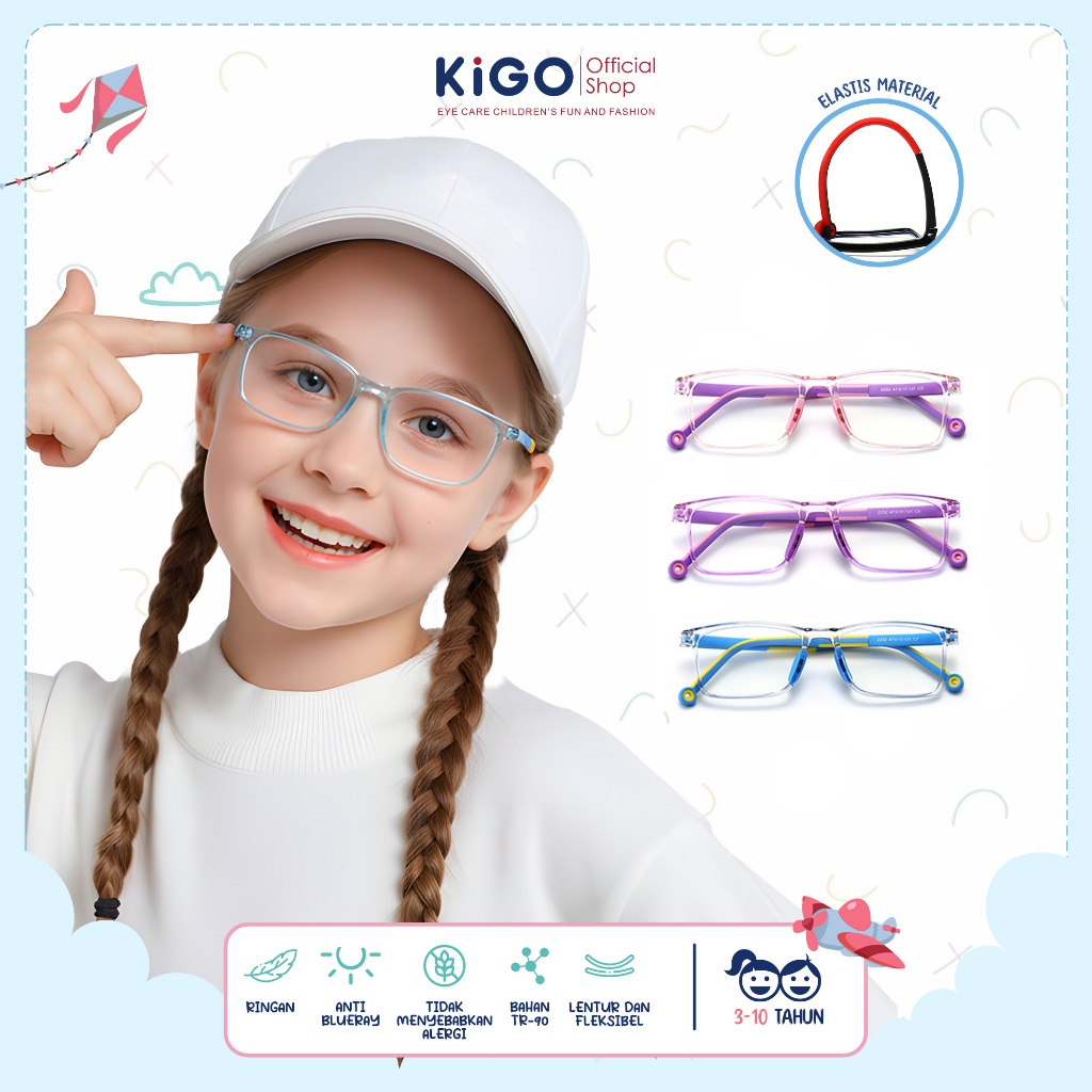 KIGO Kacamata Anak Lensa Blueray Bluecromic Minus Unisex Kotak Elastis Bahan TR90+Silicone 2232