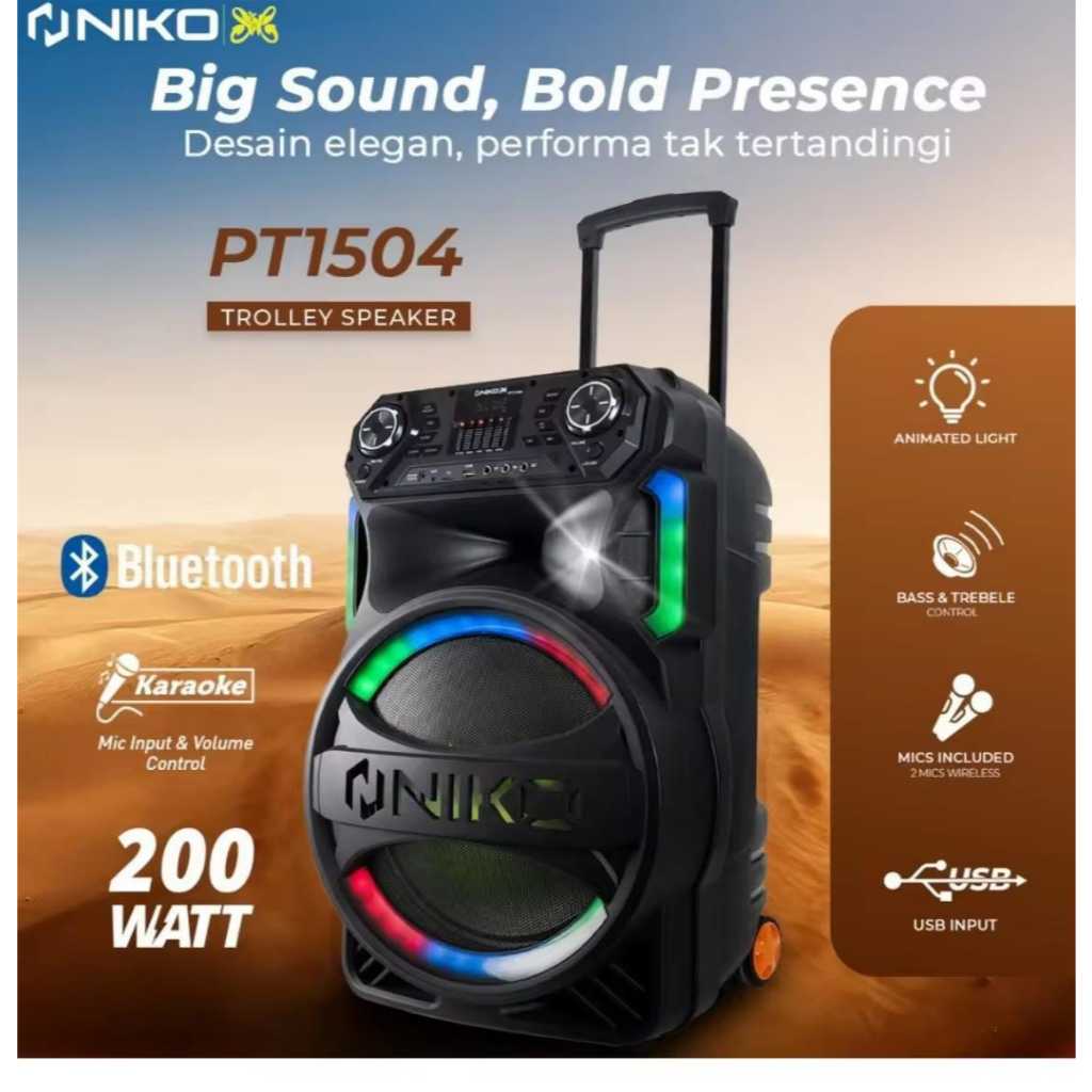 Speaker Niko Trolley Speaker Bluetooth 15 inch PT 1504 Free Mic Wireless