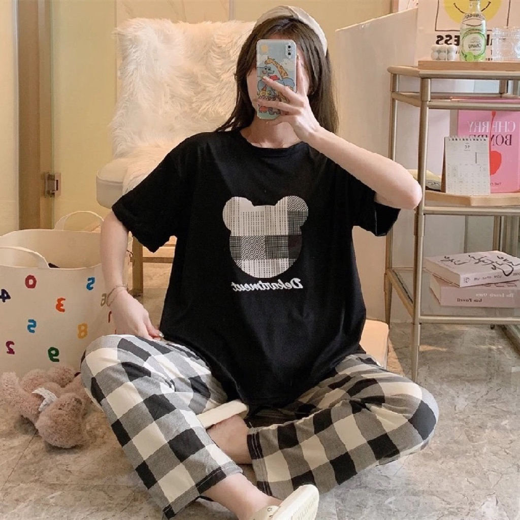 BAJU PIYAMA KOREA KEKINIAN BAJU TIDUR KOTAK WANITA LENGAN PENDEK CELANA PANJANG