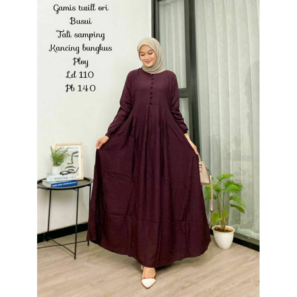 Gamis Twill Polos Kancing Depan Baju Wanita Muslimah Dress Kondangan Kekinian