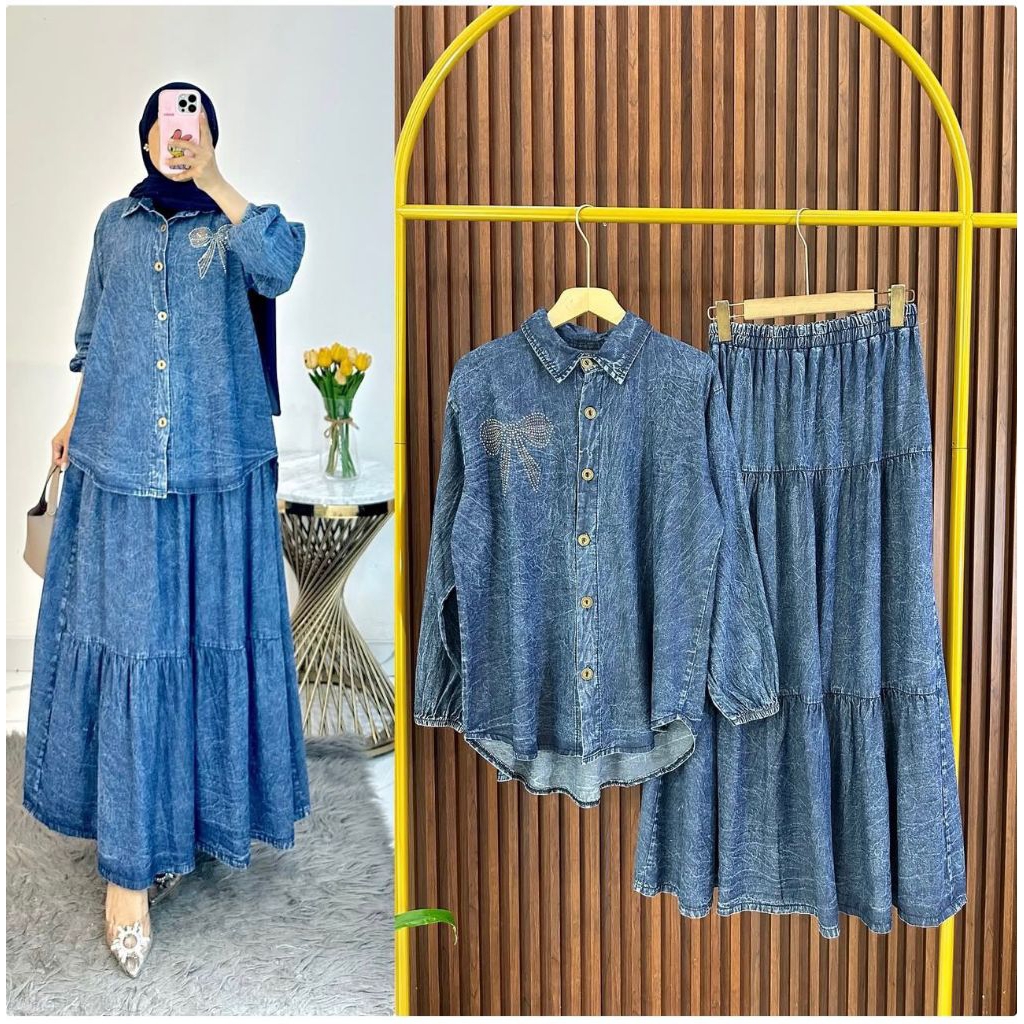 SETELAN ROK WANITA DENIM MIX SWAROVSKI CASUAL