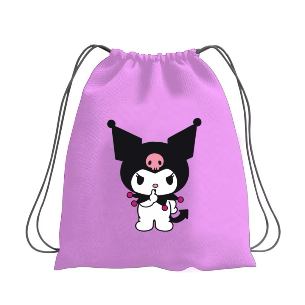BLEESED Tas Ransel serut Ungu Kuromi stringBag perempuan Wanita Pink lilac terbaru karaktek kartun