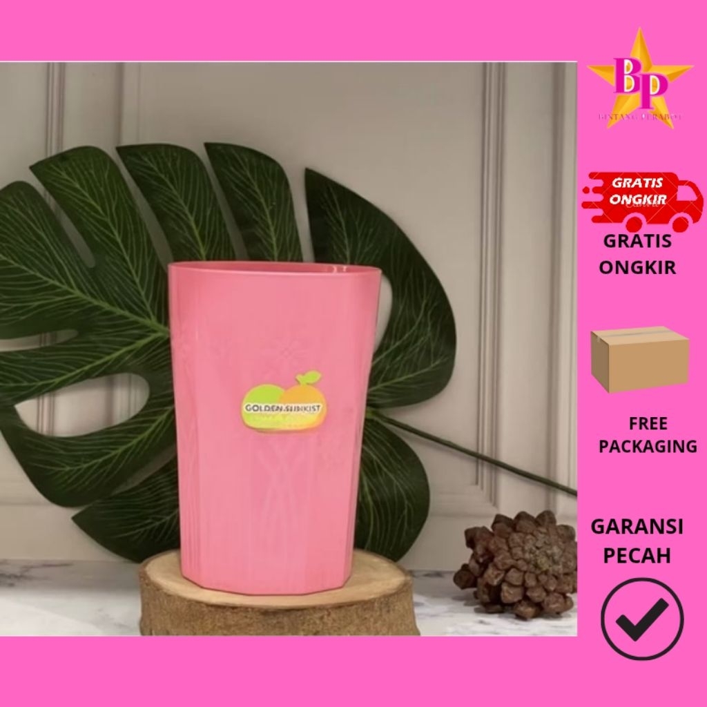 gelas plastik cantik tebal pink golden sunkist golden lemon G 5019