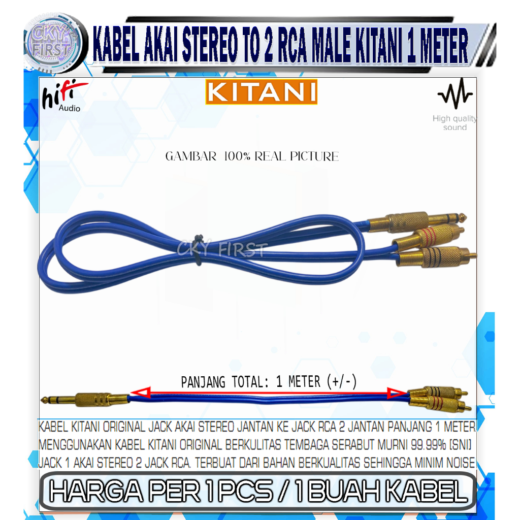 KABEL JACK AKAI TO 2 RCA STEREO MALE 1 METER JANTAN KABEL KITANI JACK AKAI TO 2 RCA GOLD