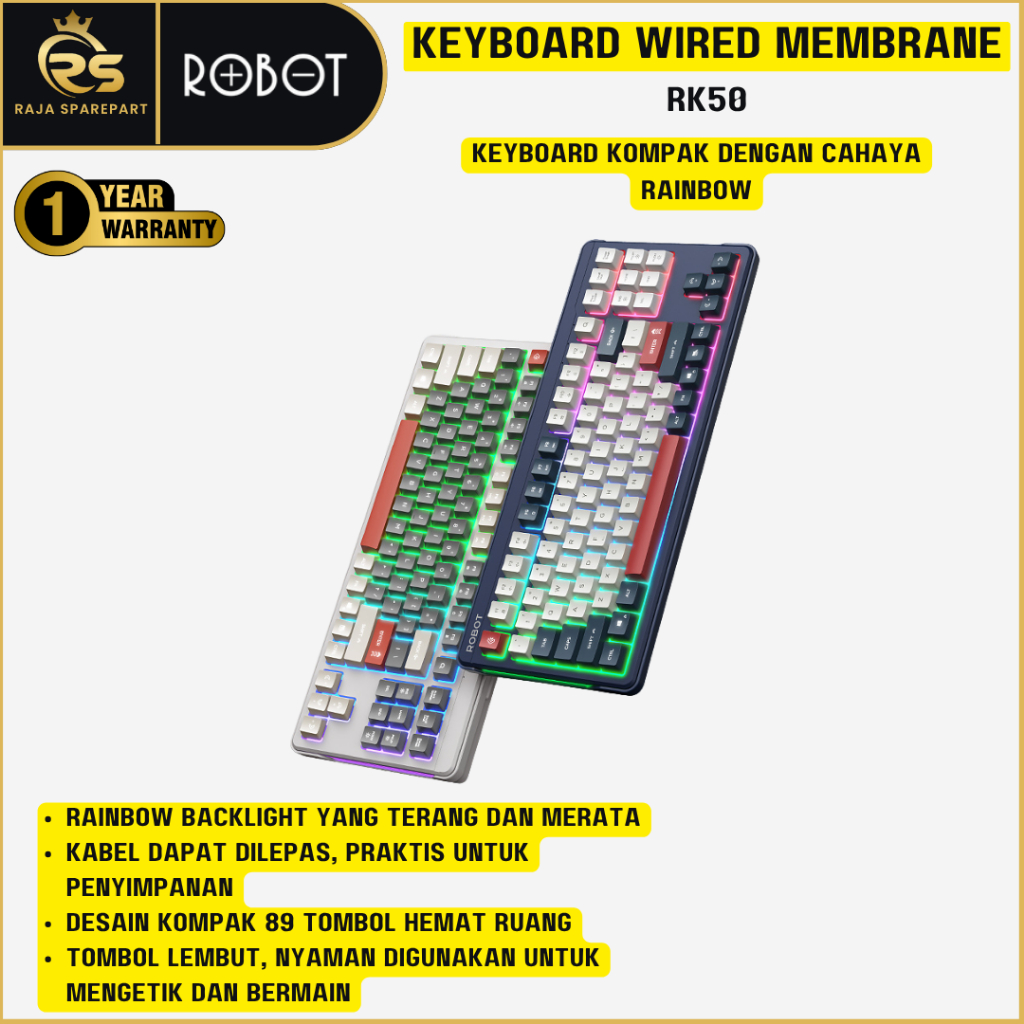 ROBOT RK50 Keyboard Kabel Type C 89 Tombol PBT Silent Rainbow Backlight Kompak Ergonomis Original
