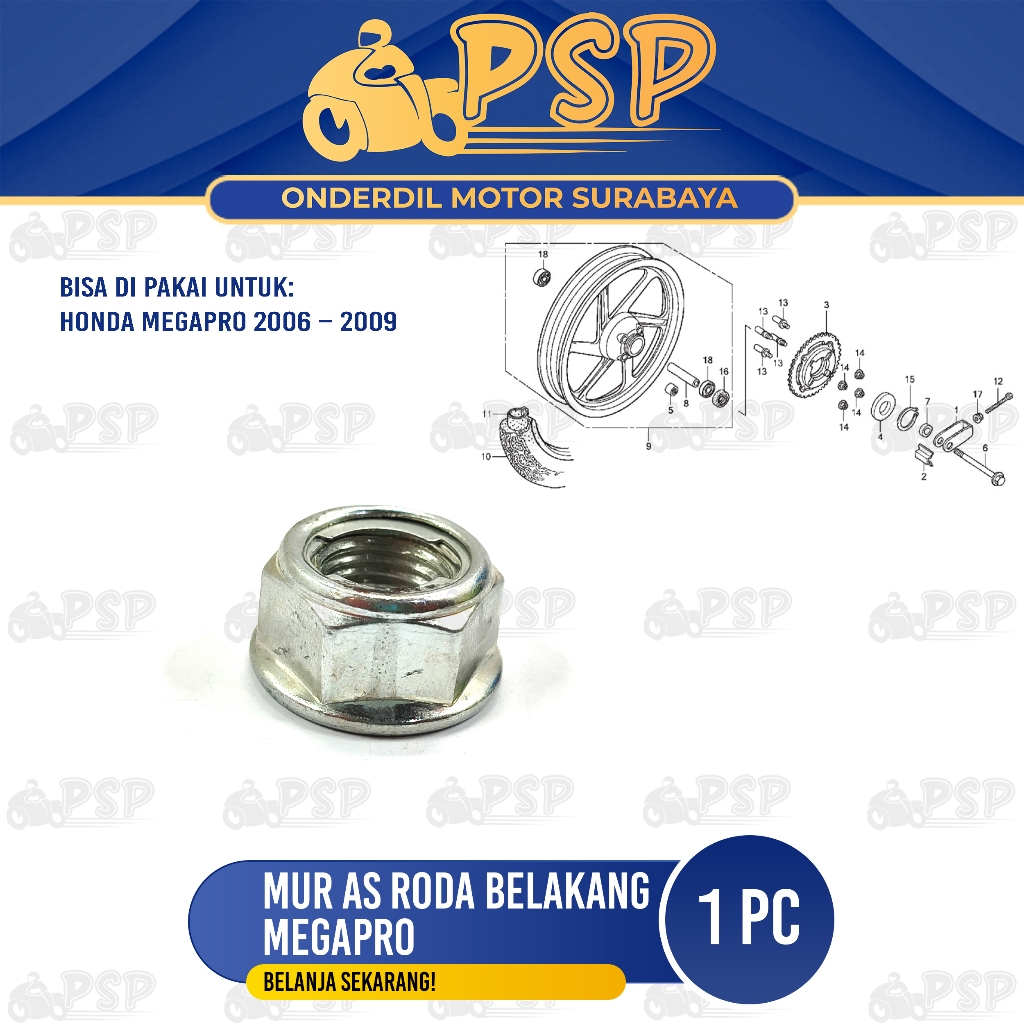 Mur As Roda Belakang Megapro 14mm K19 (Harga 1 PC) - Mor Nut Kancing As Tromol Honda Mega Pro Primus