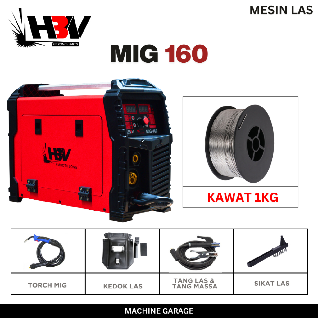 Mesin Las MIG 160 HBV 3 Fungsi Bisa Pakai Gas CO2 atau Tanpa Gas 1 Fasa 220V 40-160A Ringan 13kg Bengkel Rumahan Industri