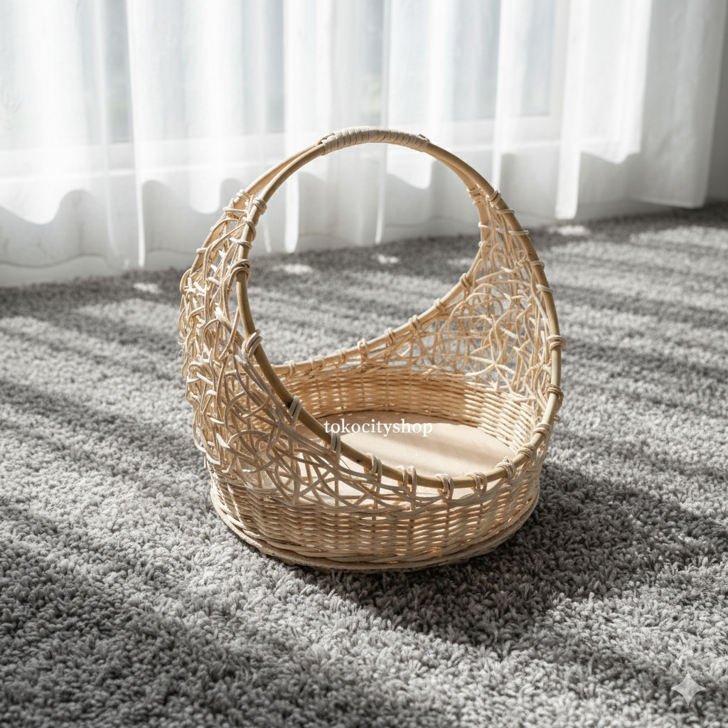 Keranjang Rotan Bulat Anyaman Handle Alas Kayu - Wadah Hampers Parcel Bulan Sabit