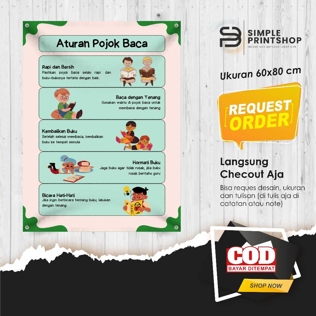 print cetak spanduk banner aturan pojok baca custom desain