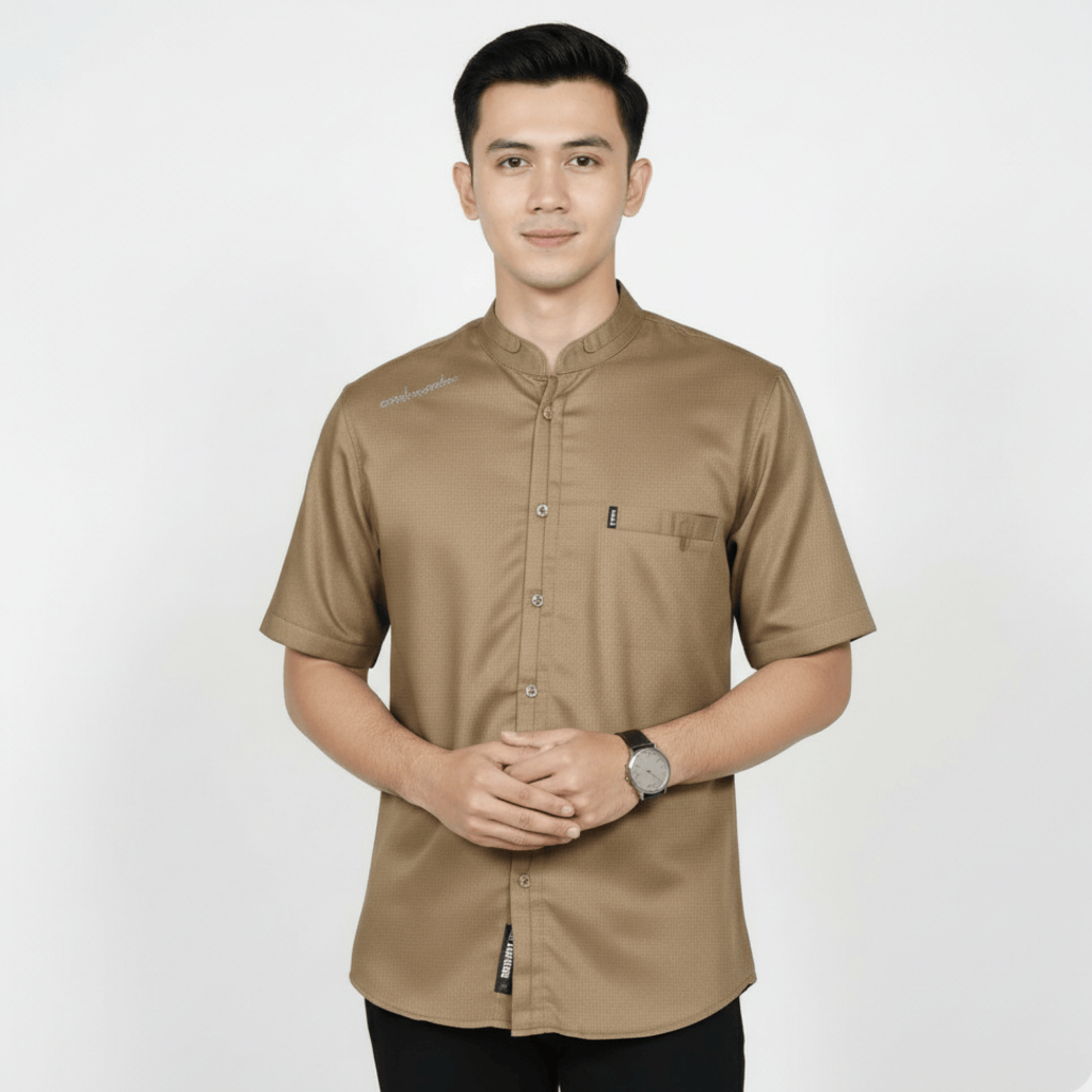 Baju Koko Pria Dewasa Lengan Pendek Elrumi Antasena Polos Coklat Bahan Katun Premium