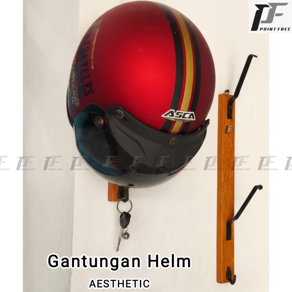 oint Free Gantungan Helm Dinding Kayu Aesthetic - Rak Helm Besi Tebal Kuat + Baut Fisher Lengkap