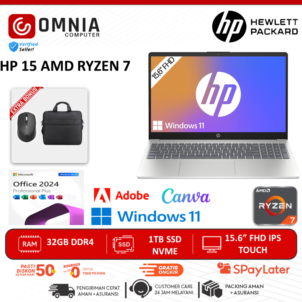 Laptop Touchscreen HP 15 AMD Ryzen 7 7730U 32GB 1TB SSD Fhd Ips Touch Win 11 Baru