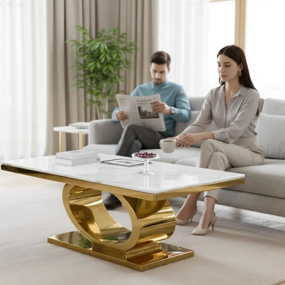 Meja Tamu Top Marmer Elegan Oval Ring – Kaki Stainless Gold untuk Ruang Tamu Modern Minimalis