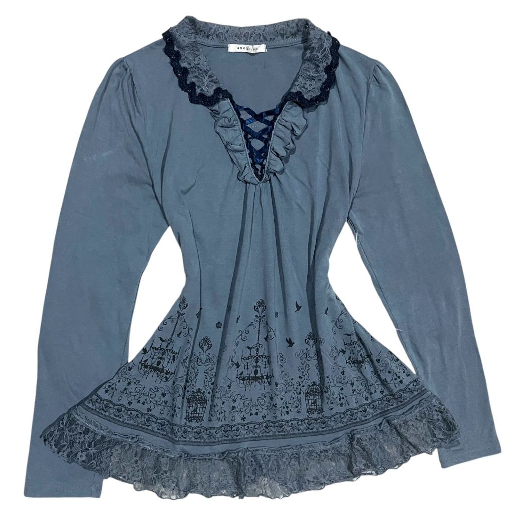 Axes Femme Cottagecore Lace Up Ruffle Puffy Babydoll Top | Classical Fairycore Whimsical Coquette Vi