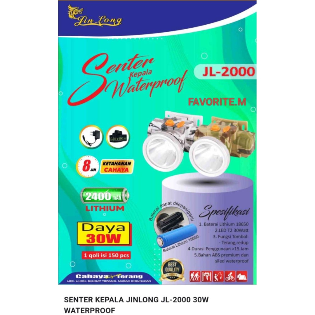 [NEW]Senter Kepala Jinlong jl-2000 30w waterproof/Senter kepala 30w/Senter mancing ikan/Senter kepal