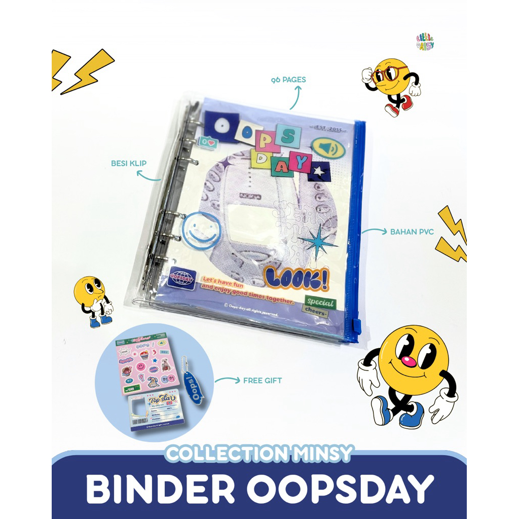 MINSY Binder OOPSDAY PVC – Binder Transparan Aesthetic 6 Ring 96 Halaman + Free Gift Sticker Set