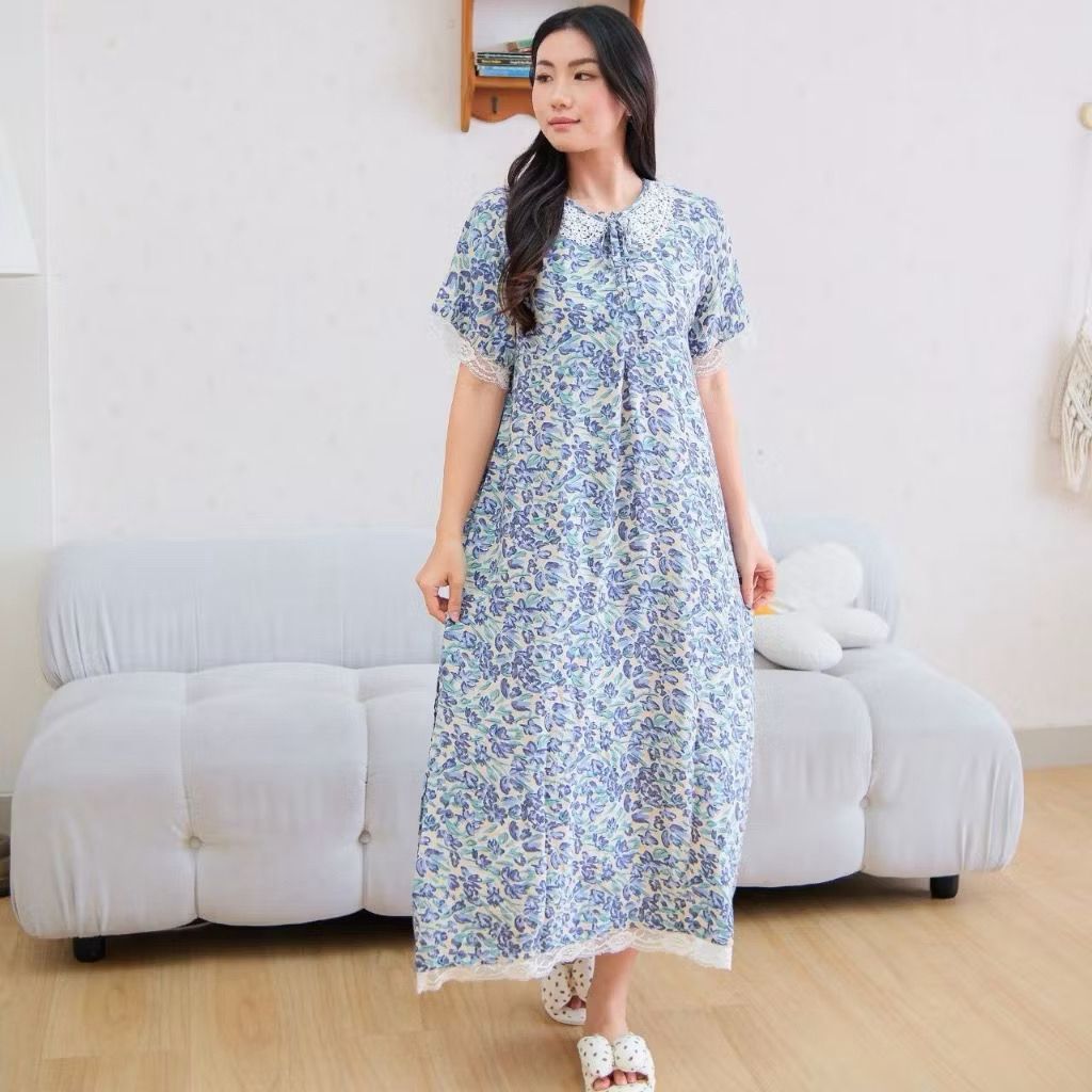 AURAE - Prisa | Dress Tidur Wanita Rayon Motif Bunga Lengan Pendek Kerah Brokat Nyaman