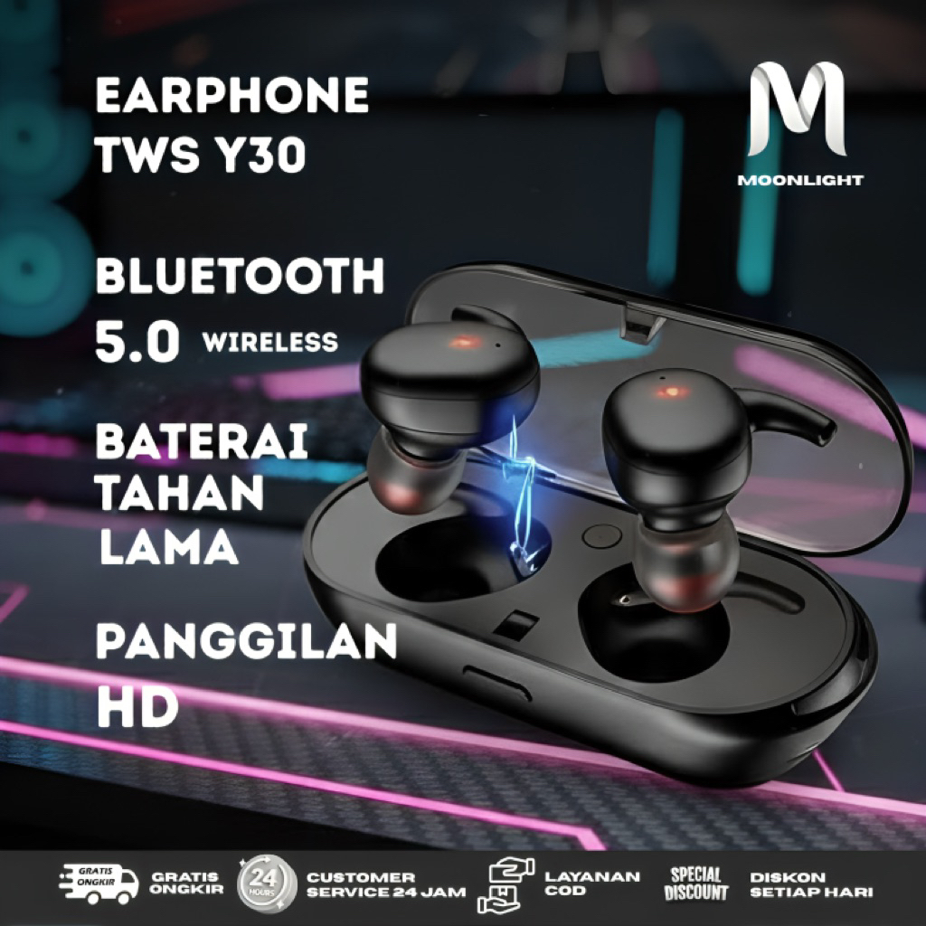TWS Y30 Earphone Headset Bloetooth Handphone Android iOS Wireless Tanpa Kabel Headset Bloetooth Hens