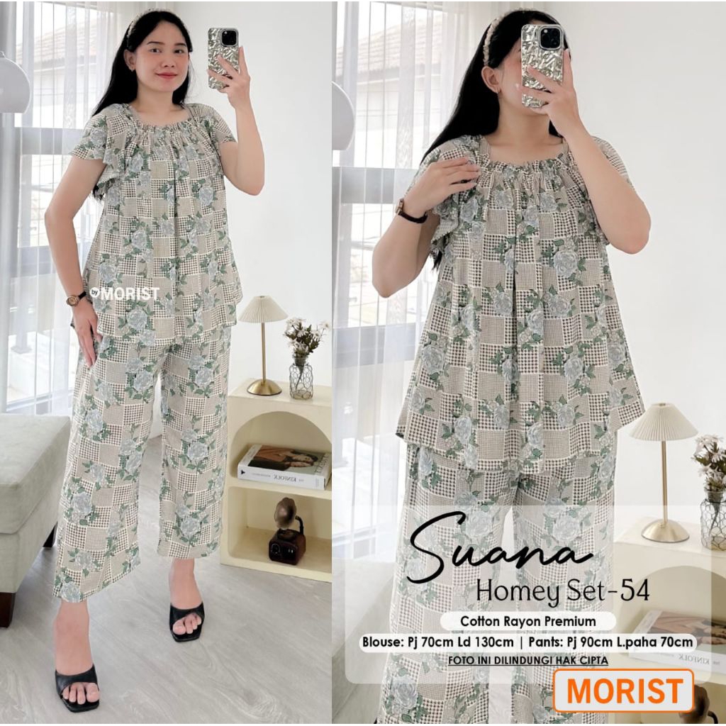 MOTIF RANDOM - Home Set Kerut Model Sabrina Bahan Katun Rayon Premium Motif Lengan Pendek Pakaian Ru