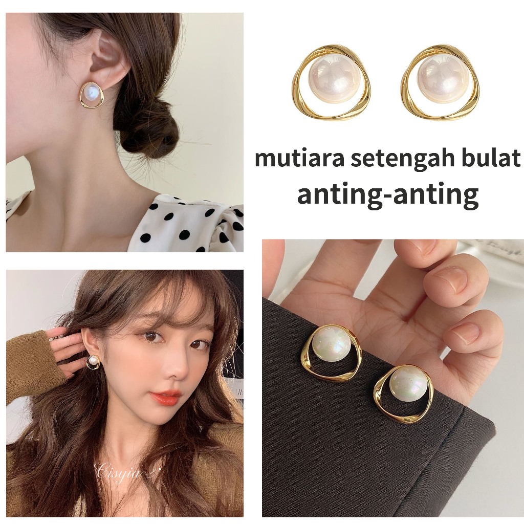 Anting mutiara sederhana, anting mutiara setengah lingkaran, anting kancing gaya Korea, anting trend