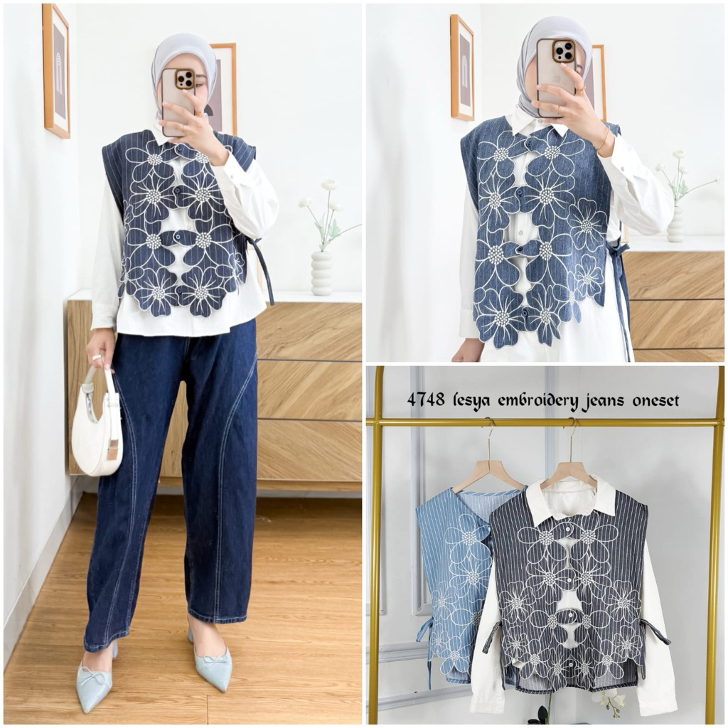 LESYA EMBROIDERY JEANS BLOUSE SET INNER OUTER