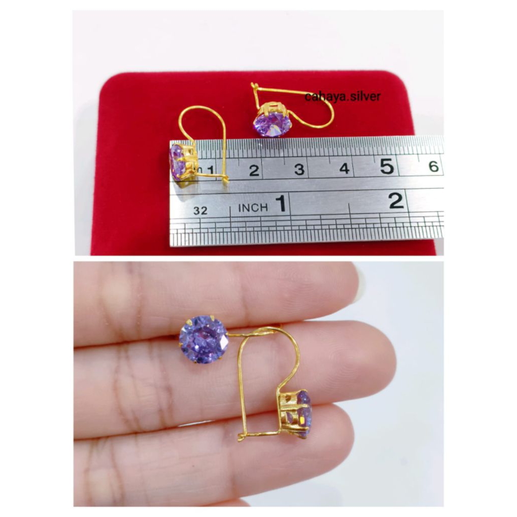 anting Desi Dewasa Mata Ungu Perak Asli 925 Lapis Emas