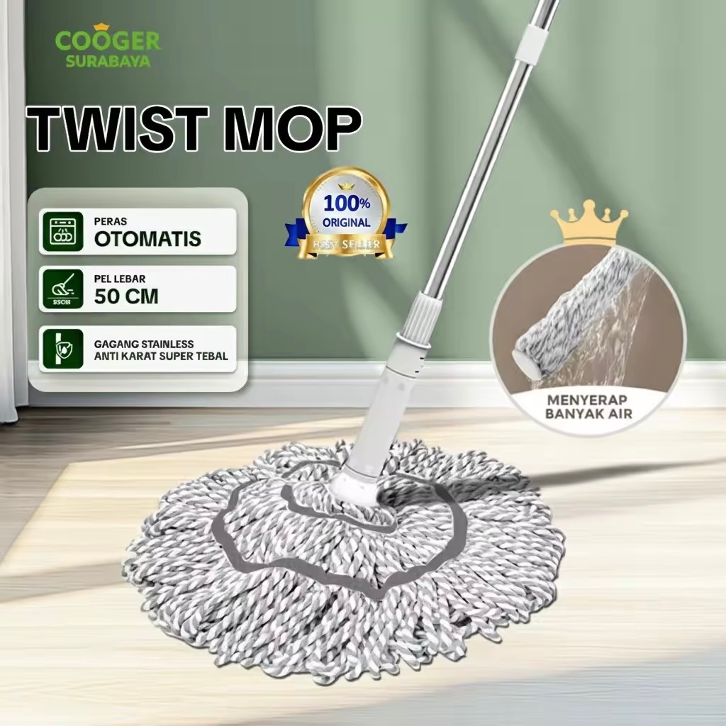 COOGER SURABAYA Pel Putar Peras Otomatis Twist Mop Pel Lantai Basah Kering Gagang panjang Serbaguna