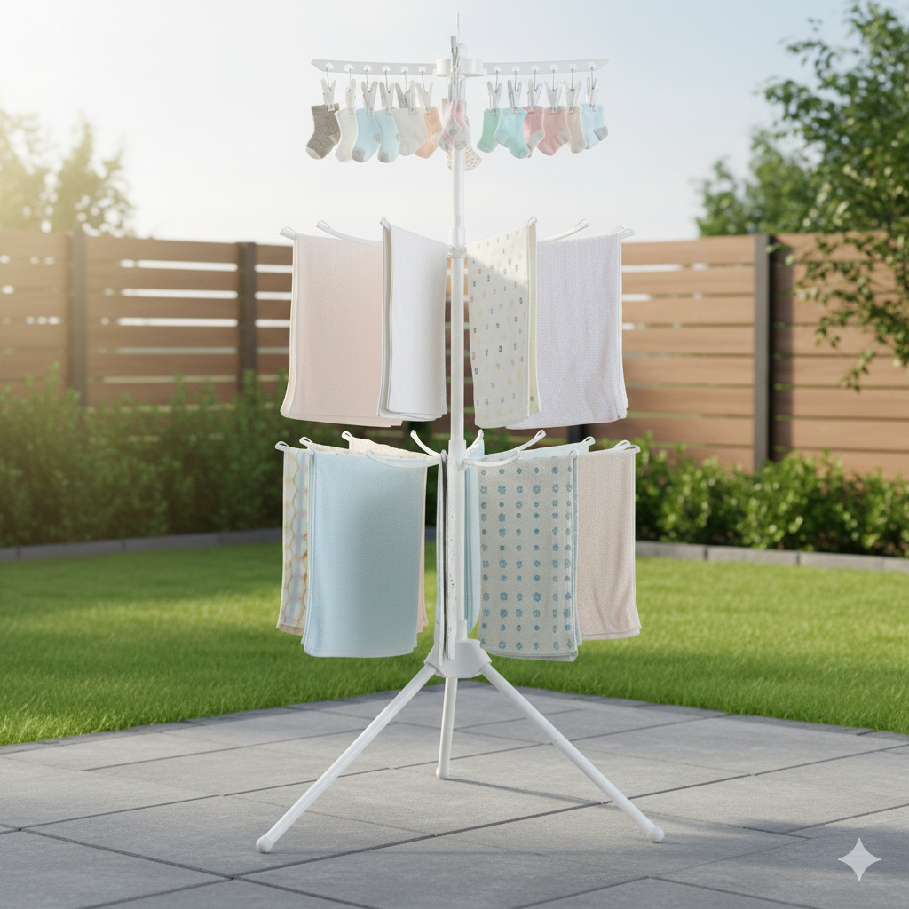 Jemuran Menara 3 Tingkat Plastik – Jemuran Handuk Bayi & Kaos Kaki Lipat Hemat Tempat
